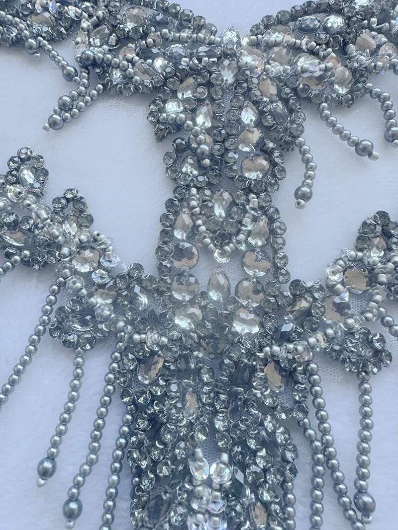 MOPISVN Handmade Crystal on lace Applique Sewing Rhinestones Fringe Beads Sequins Patches Trim Luxury Decoration Accessories for Wedding Dress 17X12.5inches (Gray) - Image 3